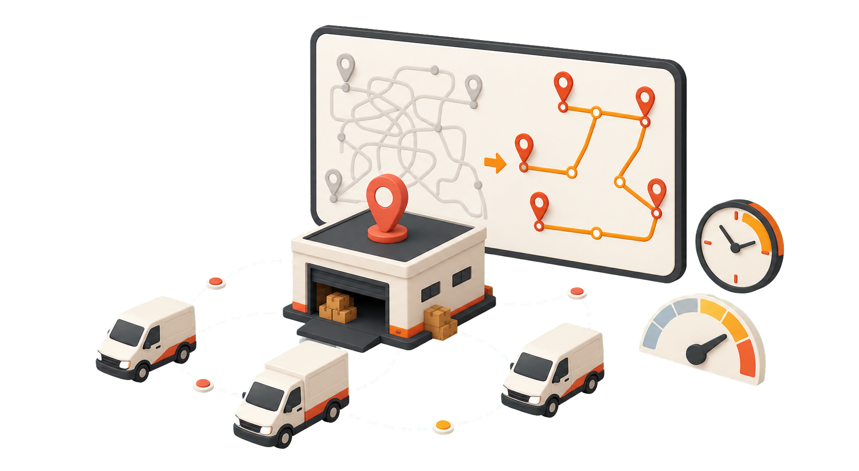 Ilustración sobre optimización de rutas de reparto